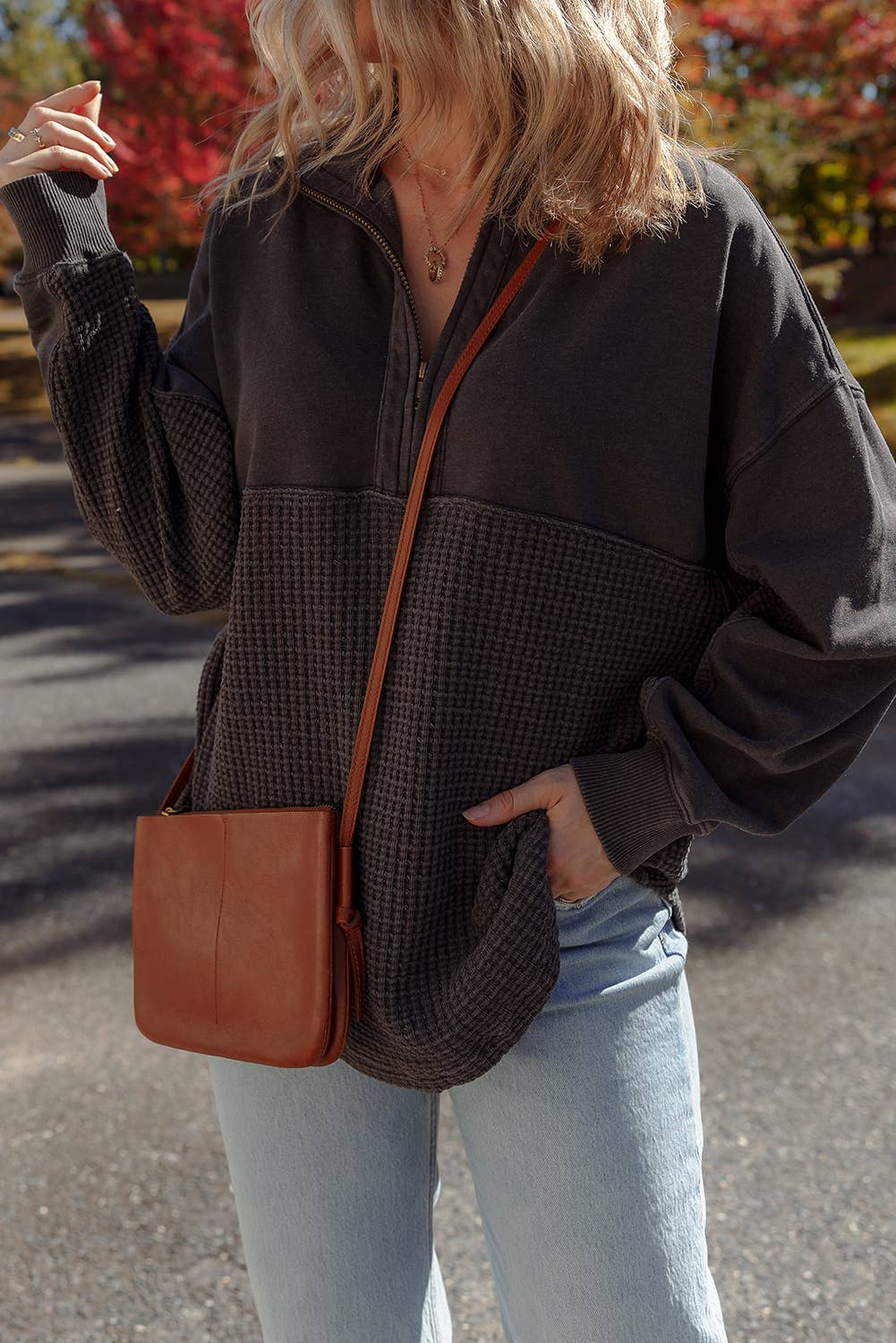 Waffle Knit Patchwork Half Zip Sweatshirt