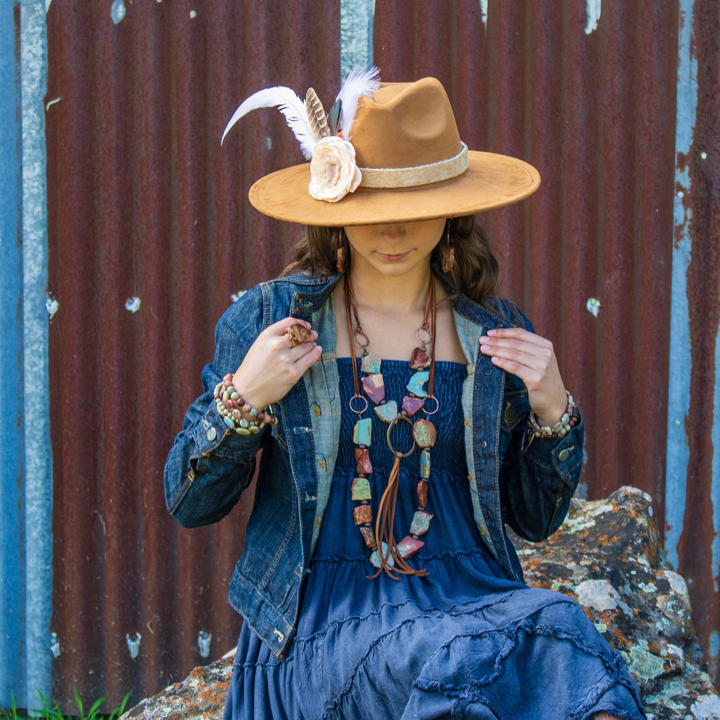 Aqua Terra Slab Necklace with Copper Hoop and Vegan leatherFringe Tassel 240r