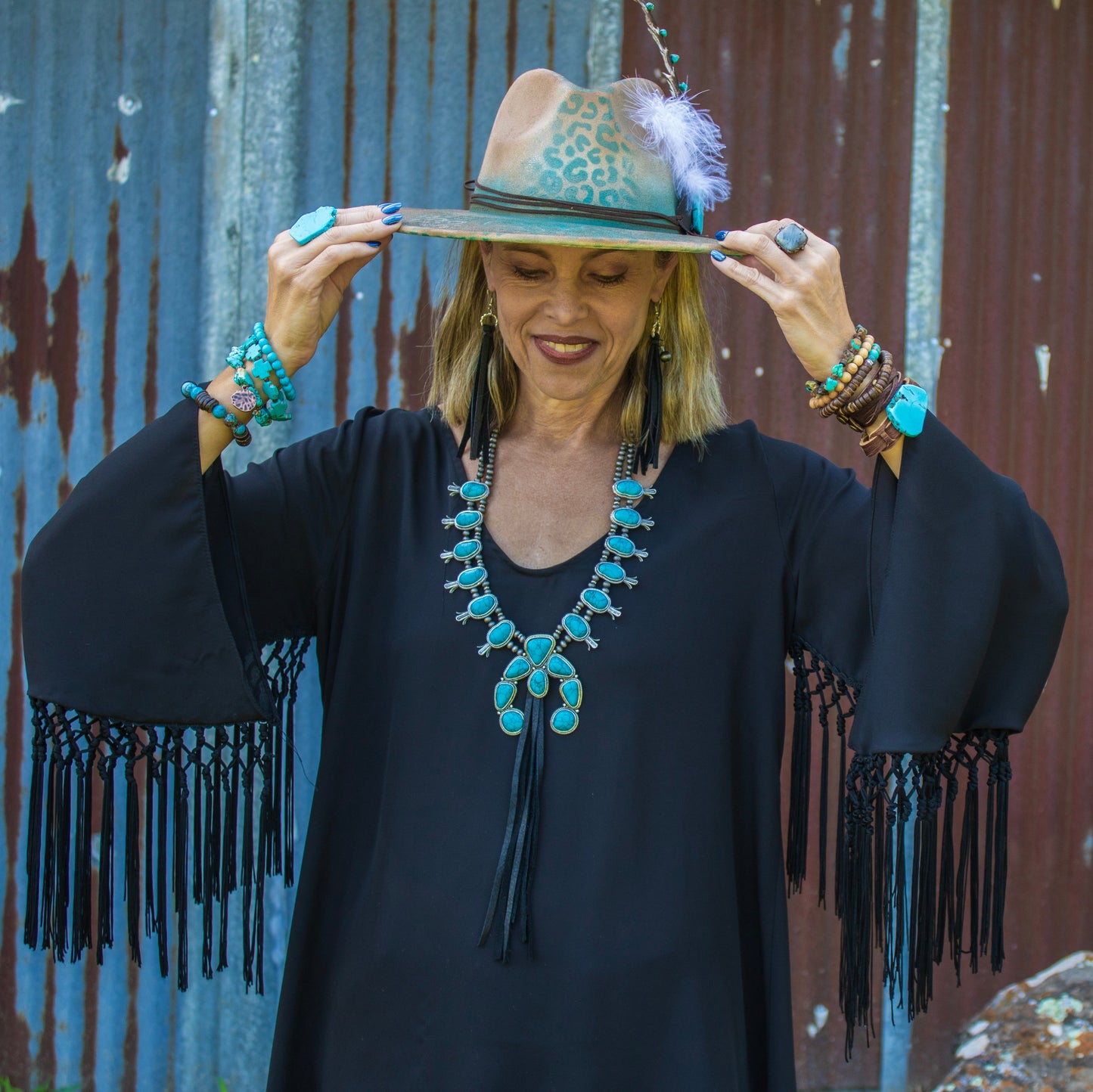 Turquoise Squash Blossom Necklace w/ Long Black Tassel 262b
