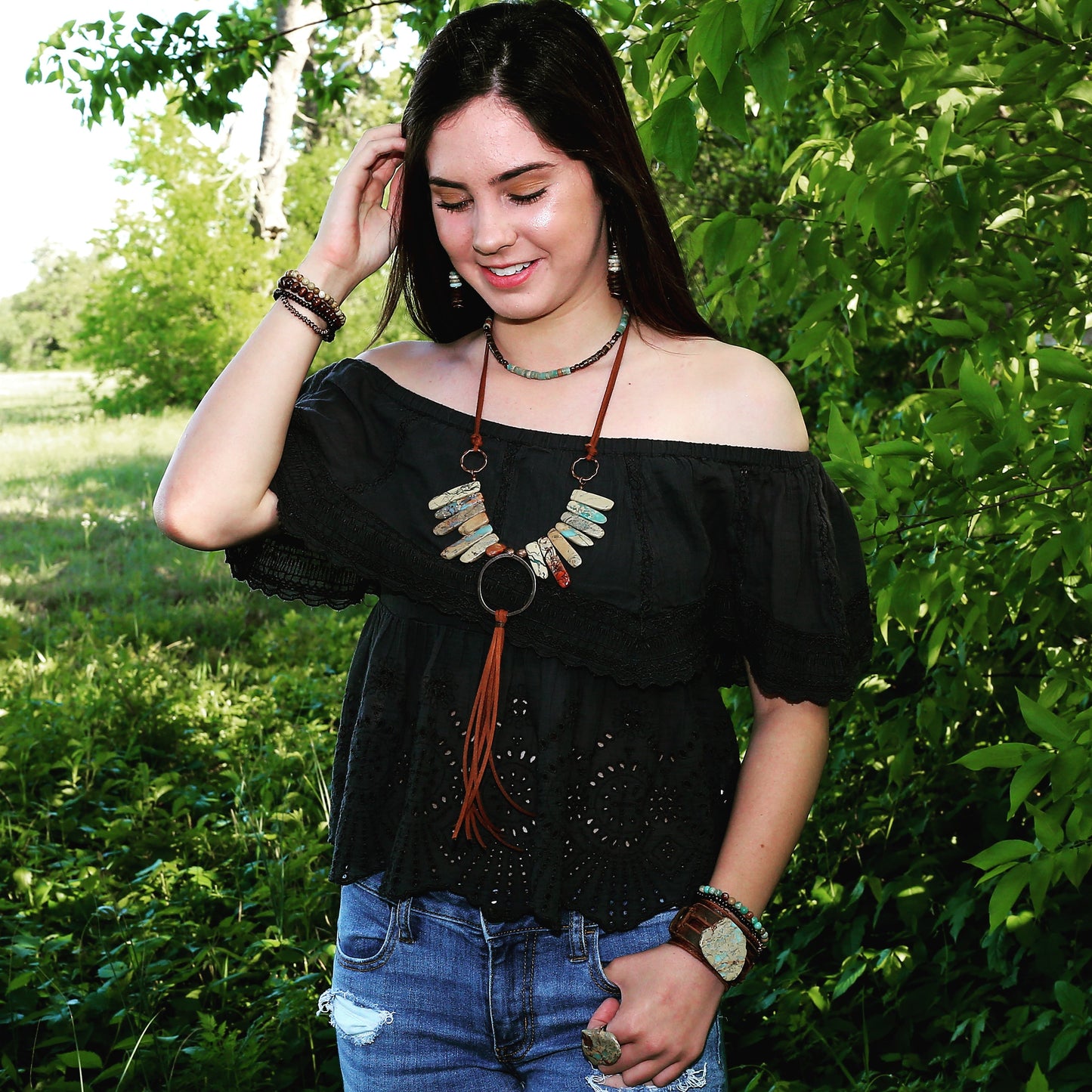Aqua Terra Necklace w/ Hammered Copper Hoop and Vegan Long Fringe 225o