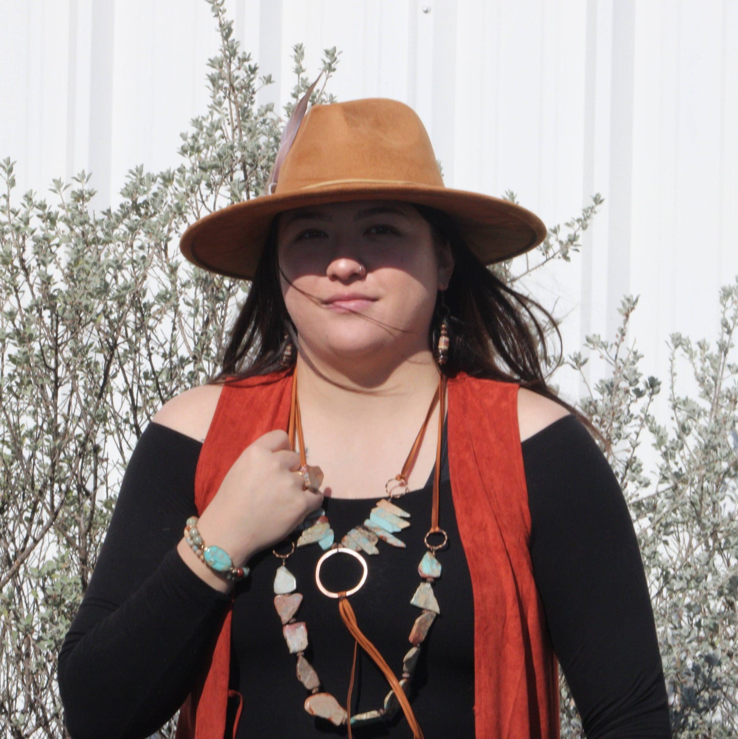Aqua Terra Necklace w/ Hammered Copper Hoop and Vegan Long Fringe 225o