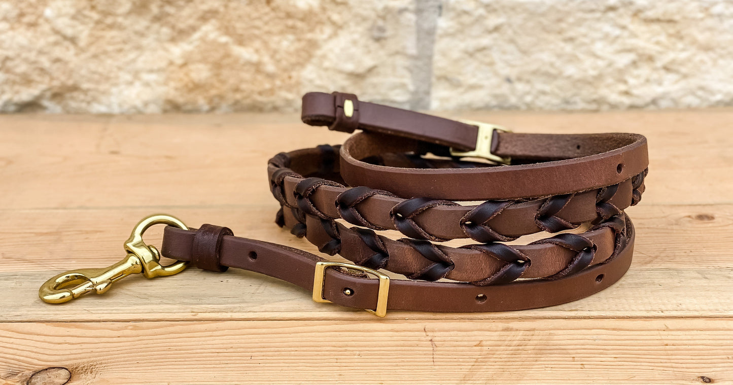 Oiled Harness Leather Barrel Reins with Latigo Lacing - 5/8in x 7ft 6in