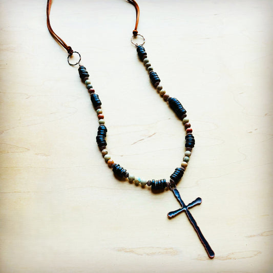 Aqua Terra Wood Necklace with Copper Cross 237d