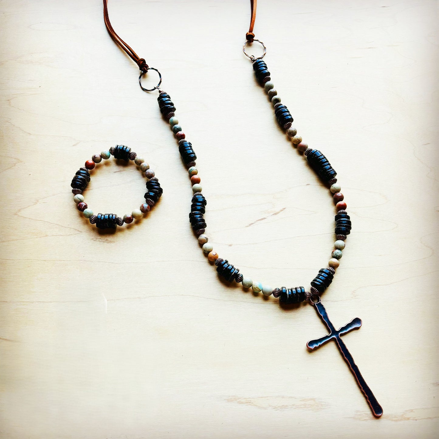 Aqua Terra Wood Necklace with Copper Cross 237d