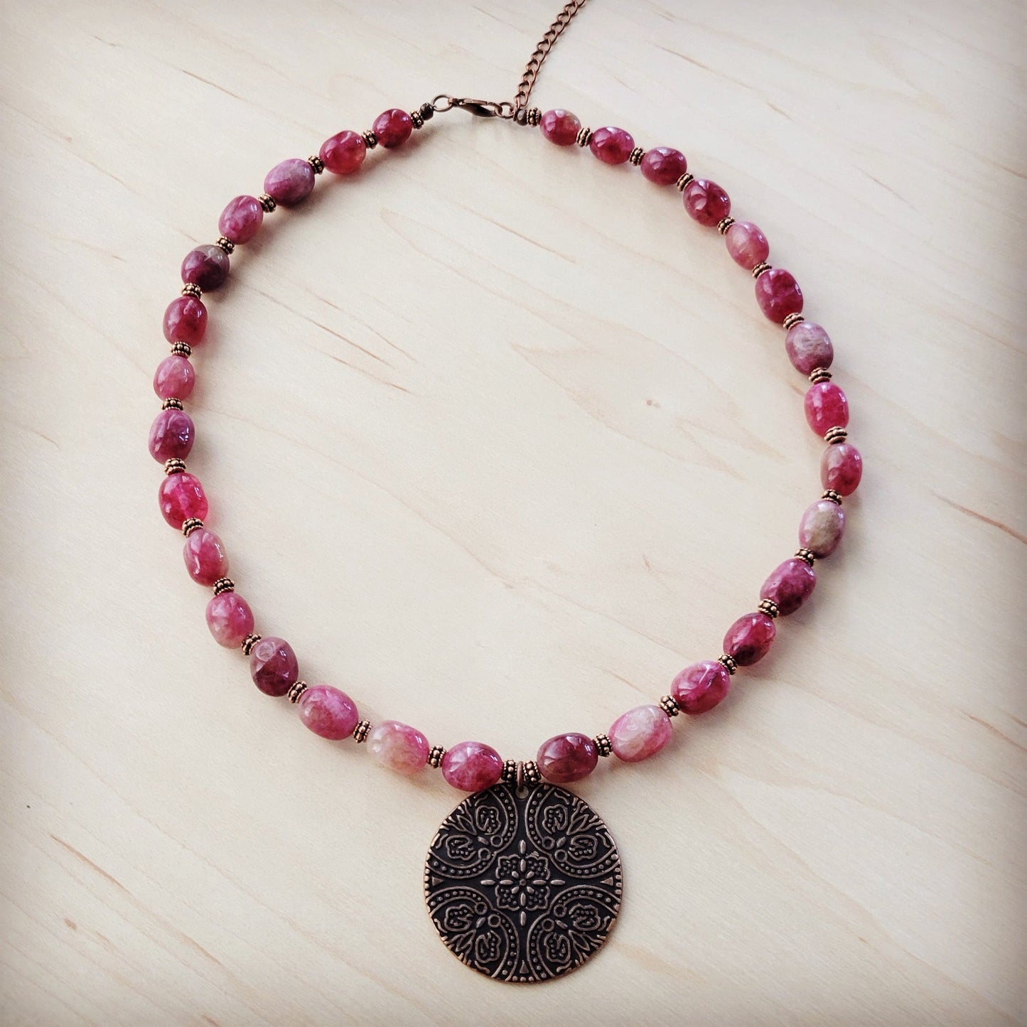 Natural Pink Jade Beaded Collar Necklace w/ Scroll Pendant 261L