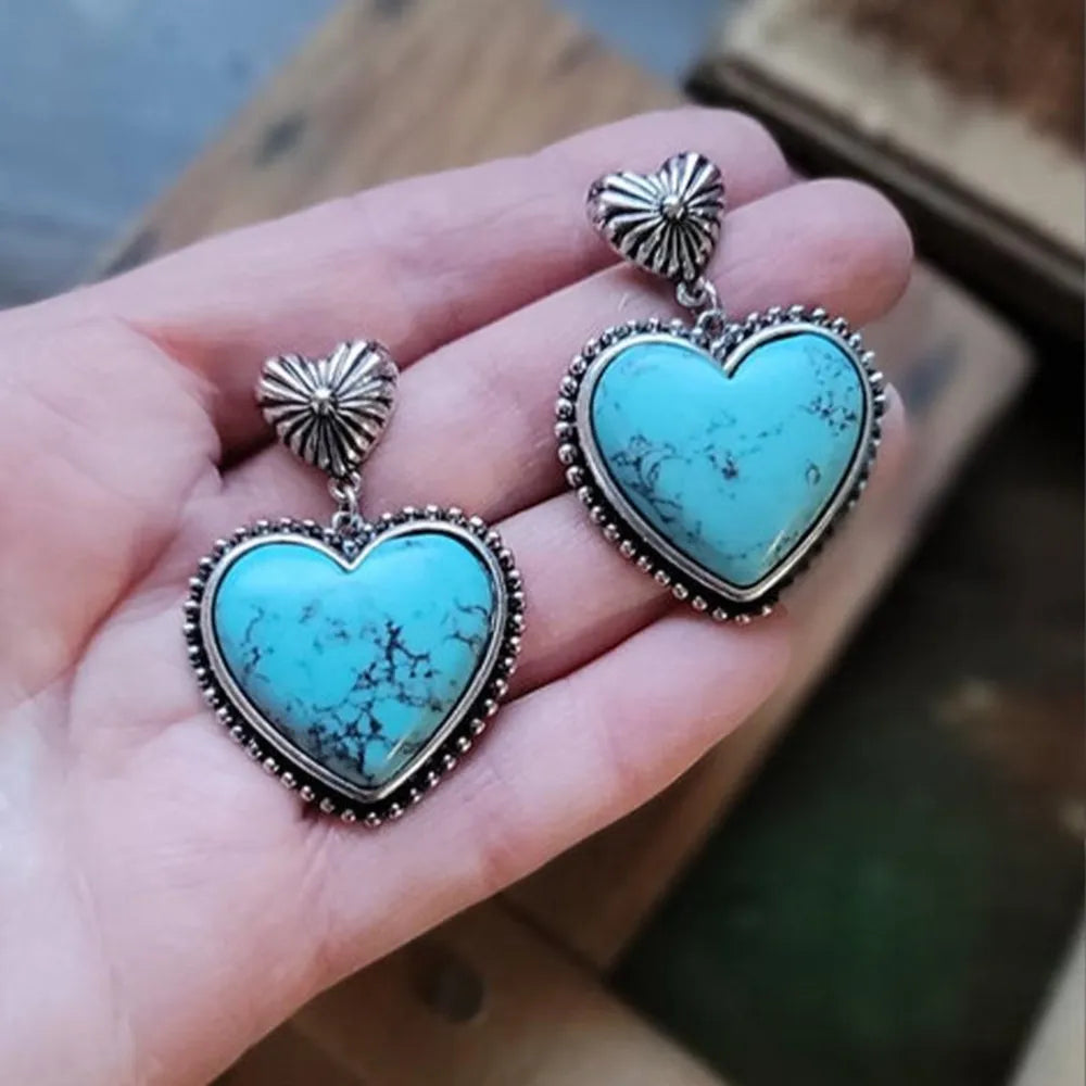 Turquoise Alloy Heart Dangle Earrings - 2 Styles