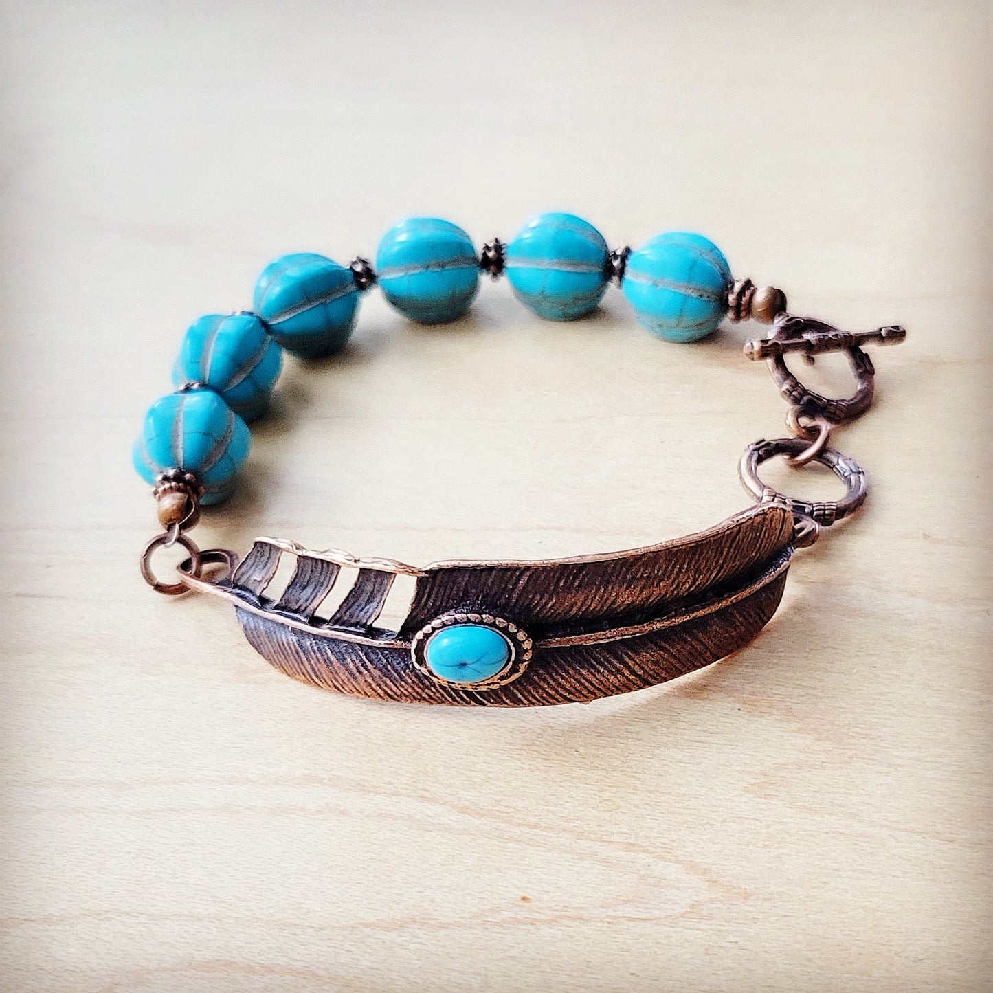 Blue Melon Turquoise Beaded Bracelet on Copper Feather 810u
