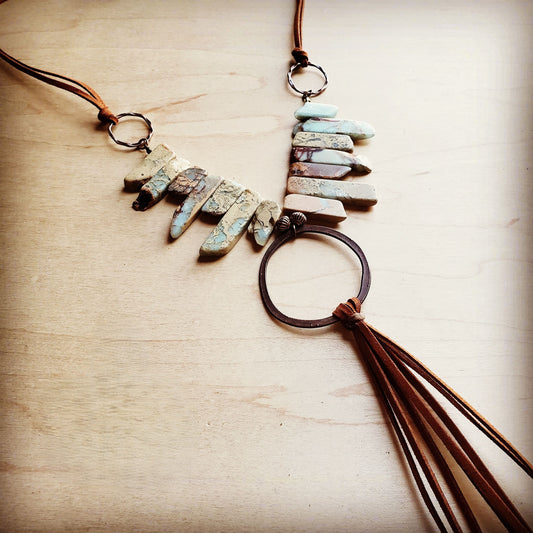 Aqua Terra Necklace w/ Hammered Copper Hoop and Vegan Long Fringe 225o