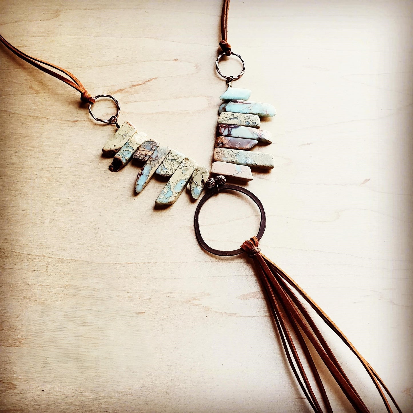 Aqua Terra Necklace w/ Hammered Copper Hoop and Vegan Long Fringe 225o