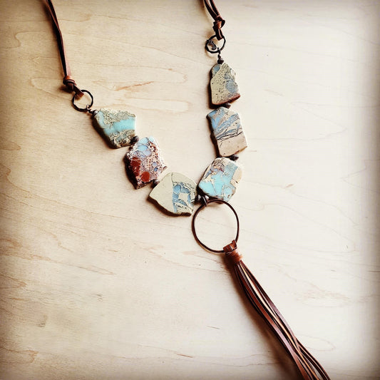 Aqua Terra Slab Necklace with Copper Hoop and Vegan leatherFringe Tassel 240r