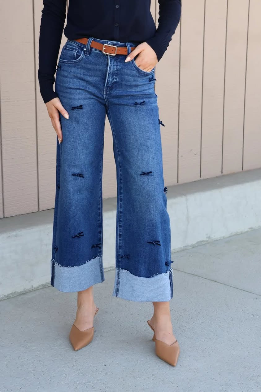 RISEN HIGH RISE CROP WIDE RIBBON DETAIL JEANS