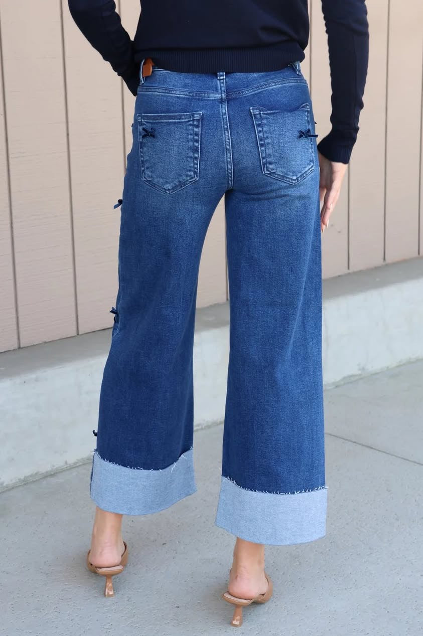 RISEN HIGH RISE CROP WIDE RIBBON DETAIL JEANS
