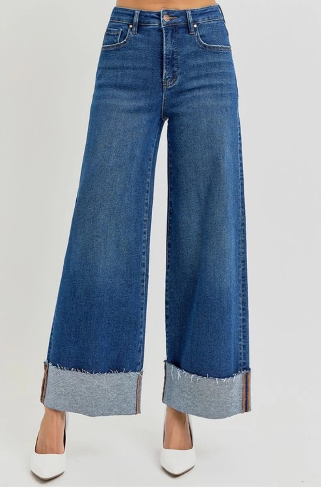 RISEN Tummy control Medium wash wide leg cuff raw hem jeans