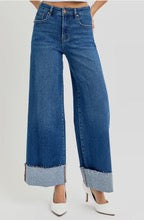 RISEN Tummy control Medium wash wide leg cuff raw hem jeans