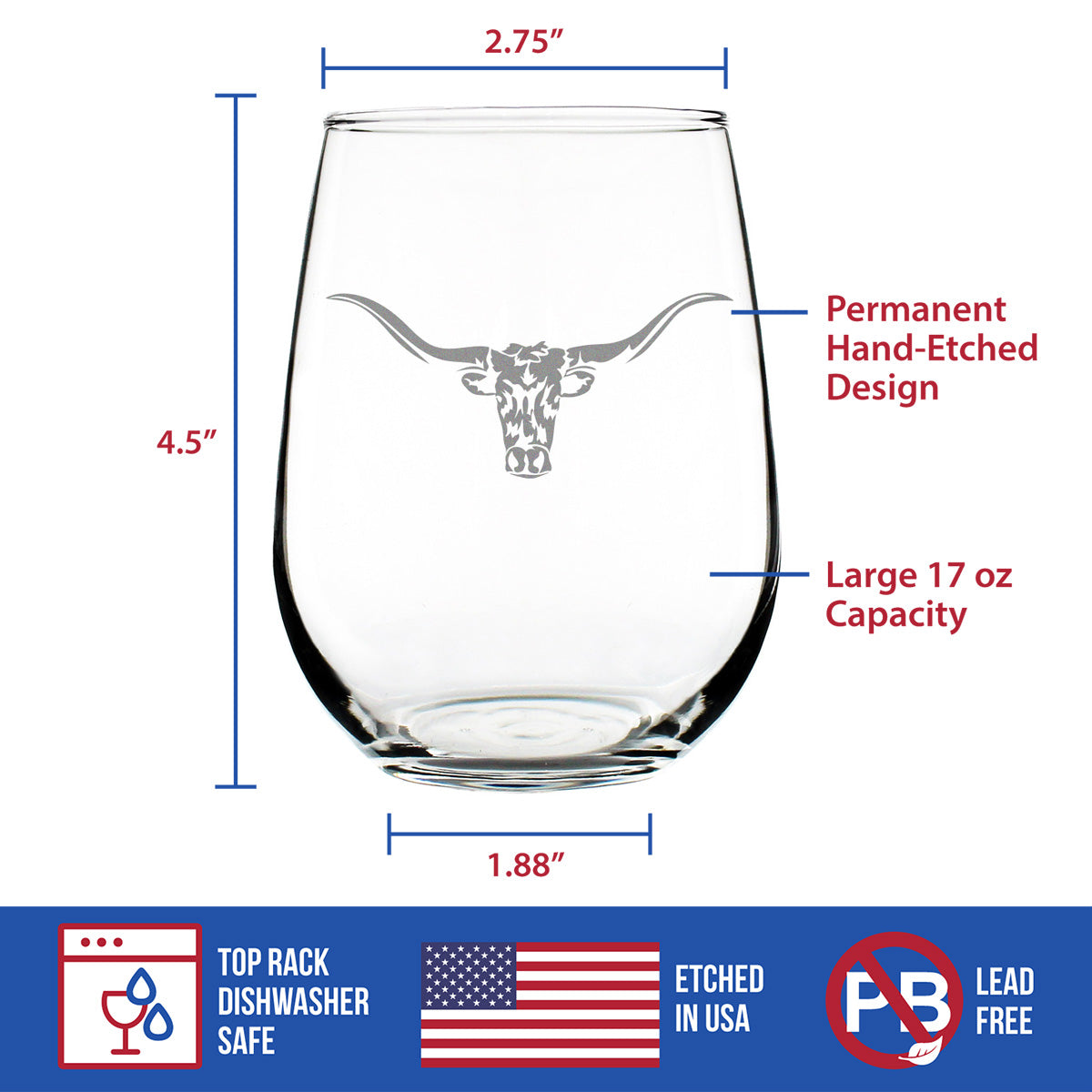 Longhorn Stemless Wine Glass