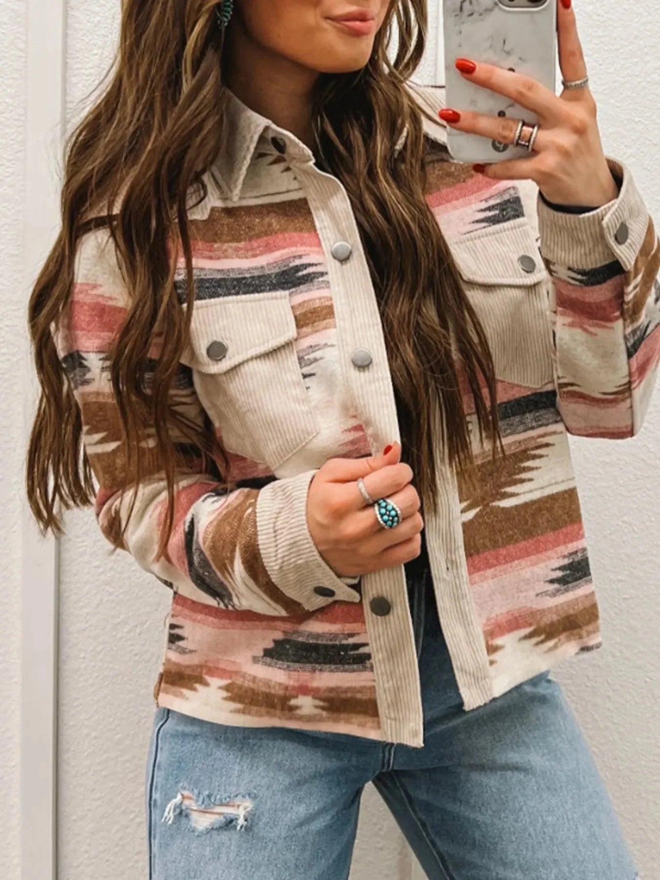 Corduroy Hem Striped Button-Up Jacket