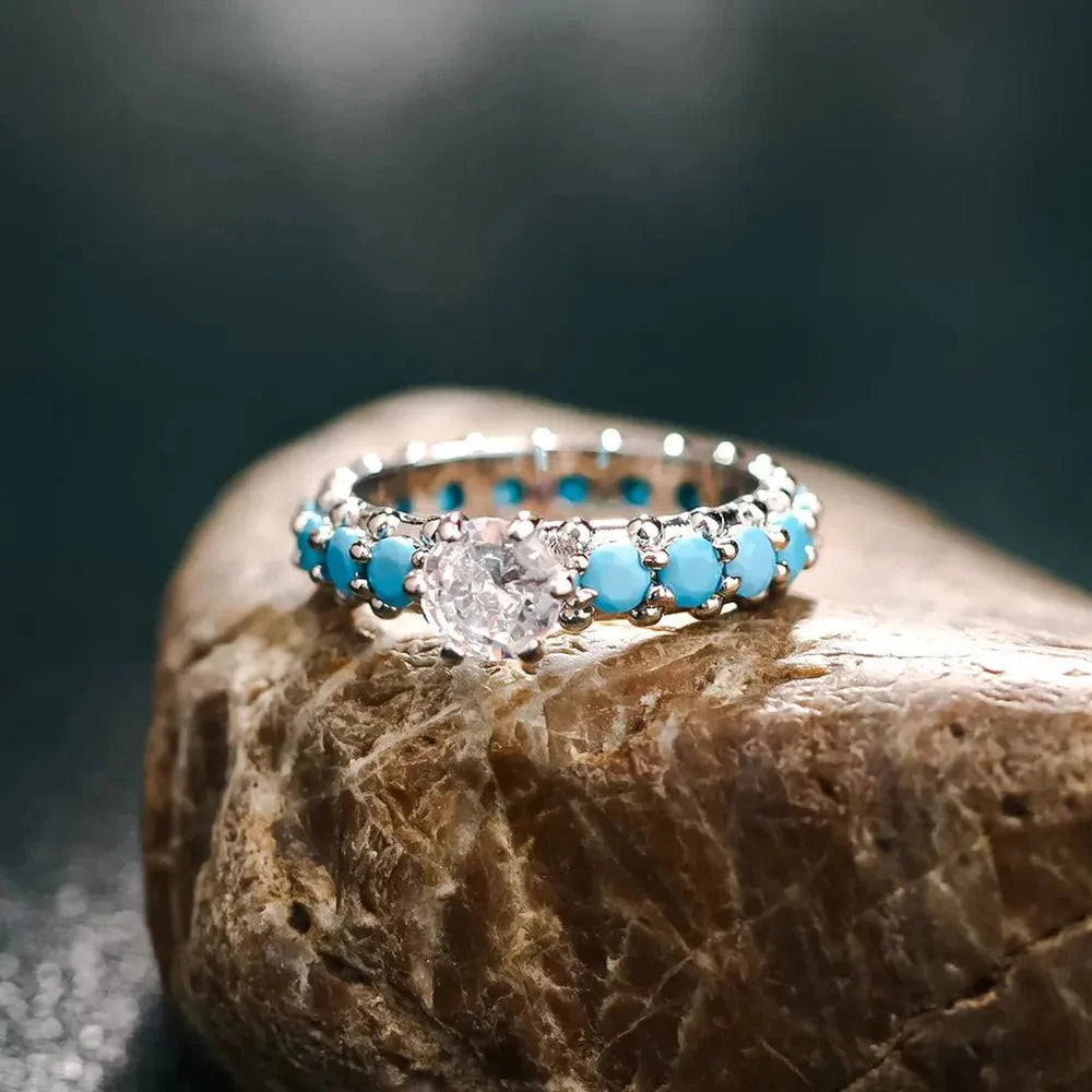 Inlaid Turquoise Zircon 925 Sterling Silver Ring