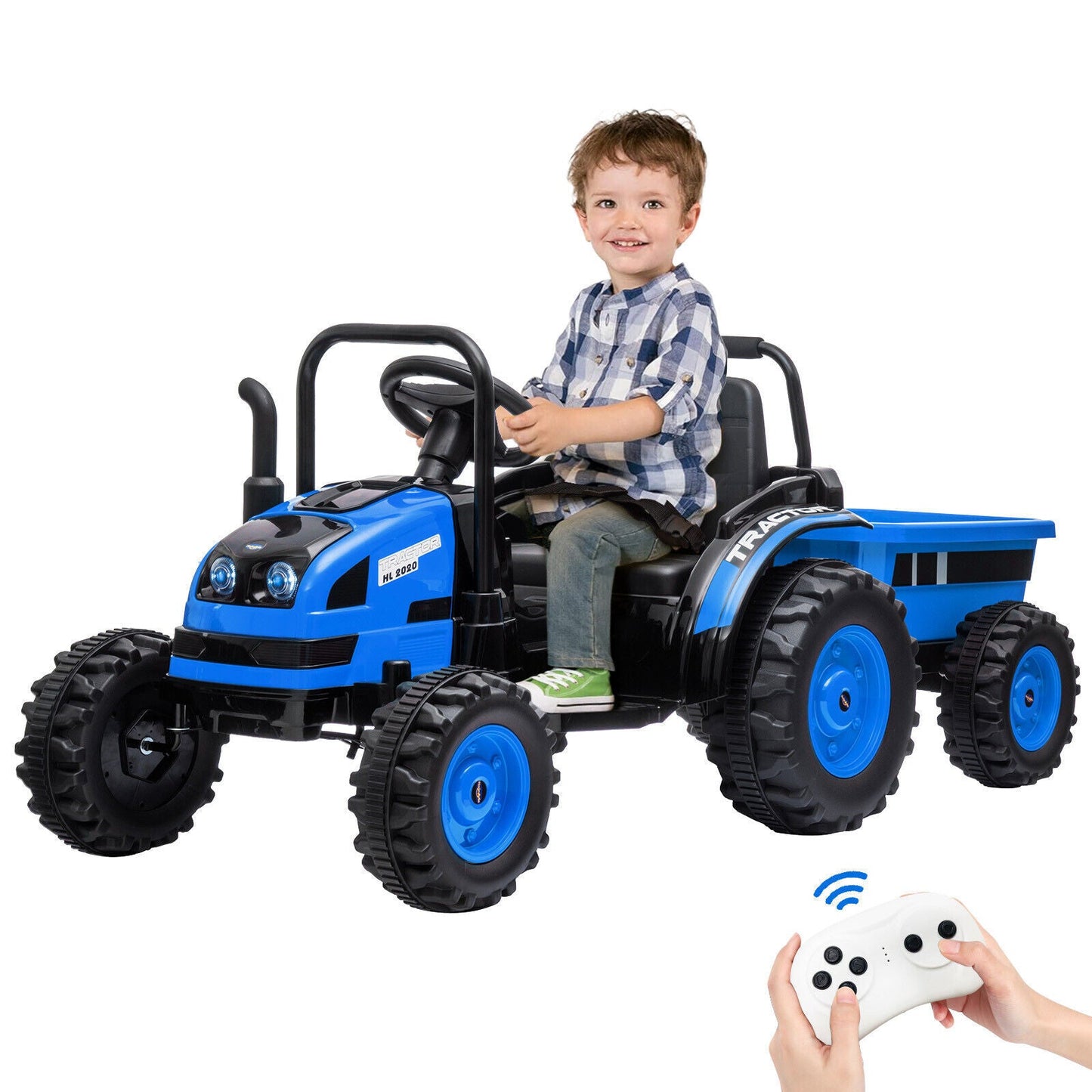 12V Battery-Powered Ride-On Tractor Car with Power Wheels and Parental Remote Control for Kids