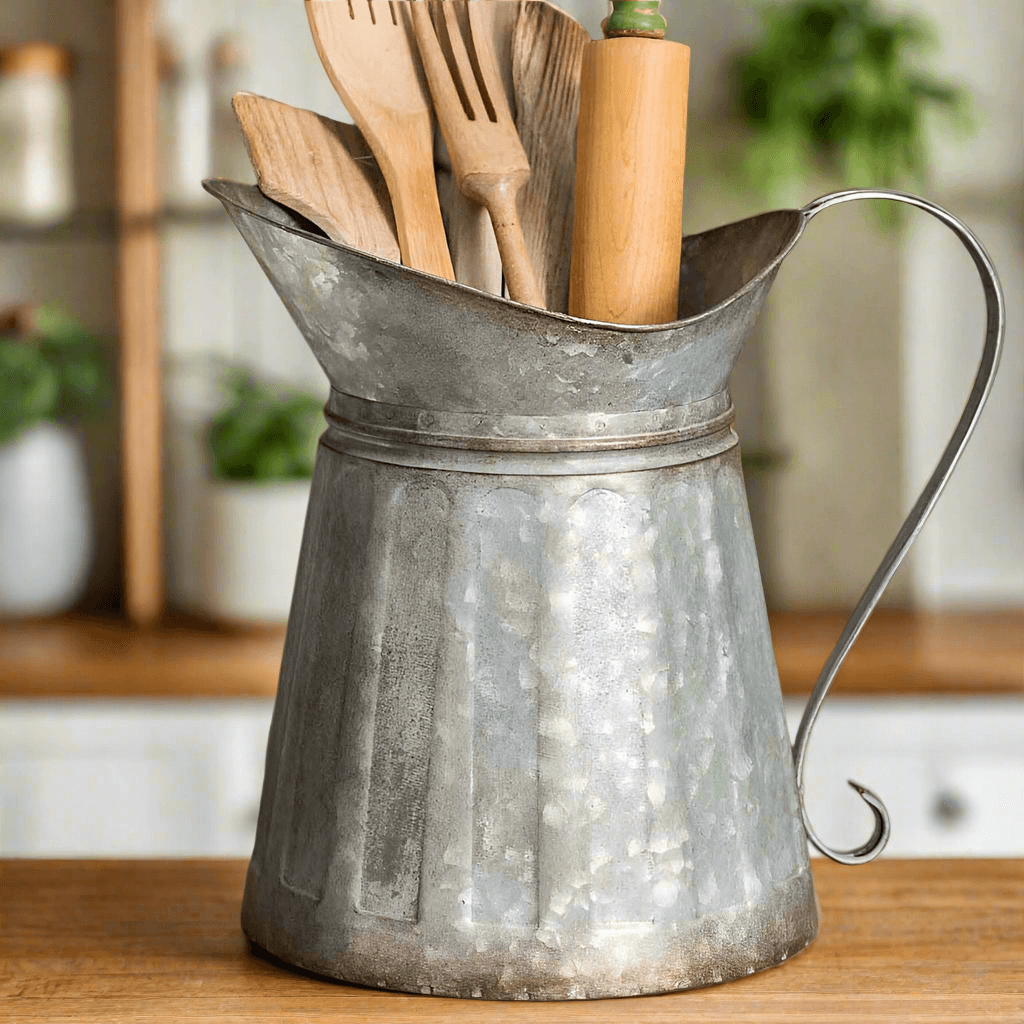 Vintage Farmhouse Galvanized Metal Pitcher Utensil Holder (Set of 2)